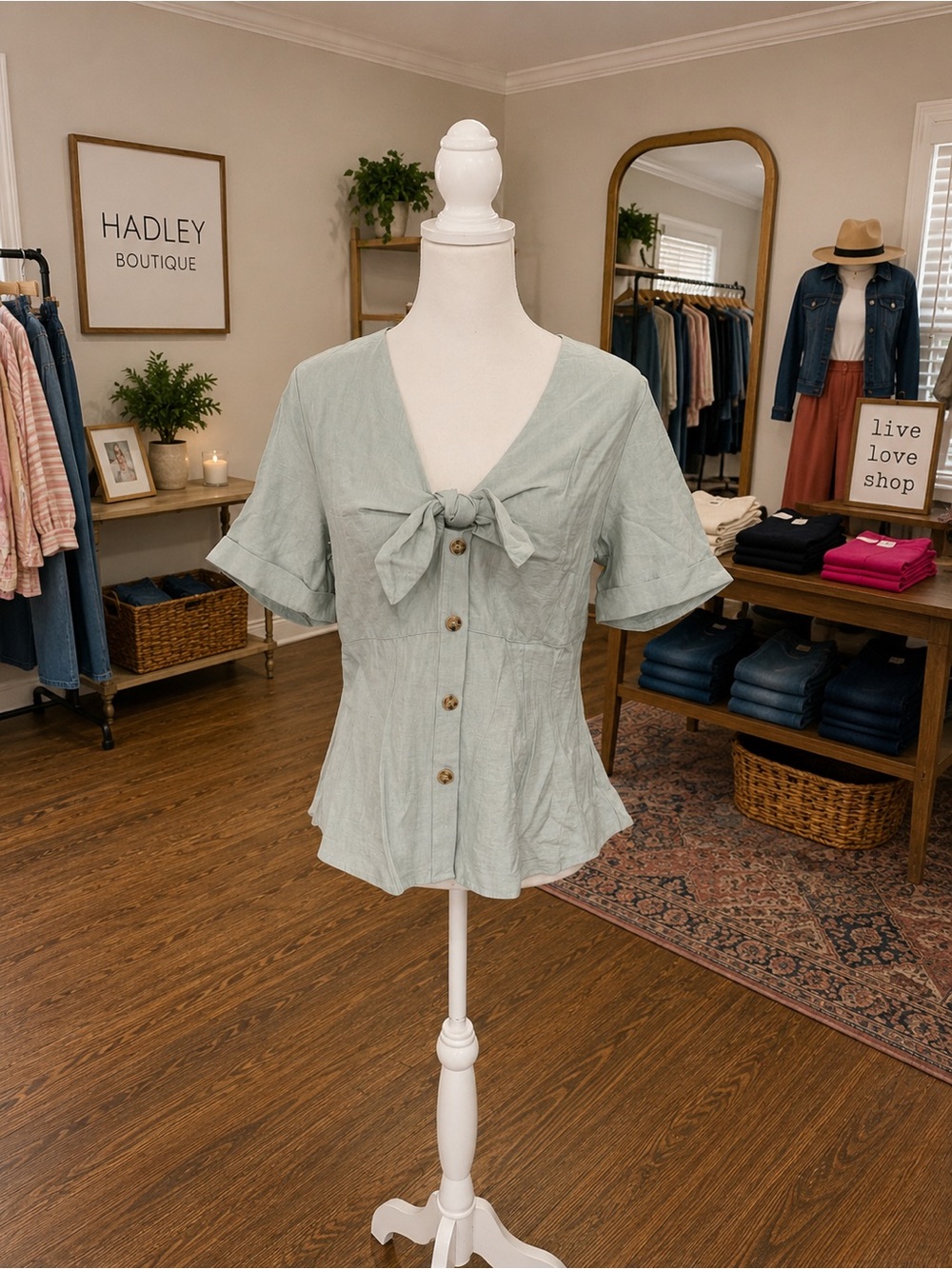 No Less Than Sage Green Tie Front Peplum Top Large Flutter Sleeve